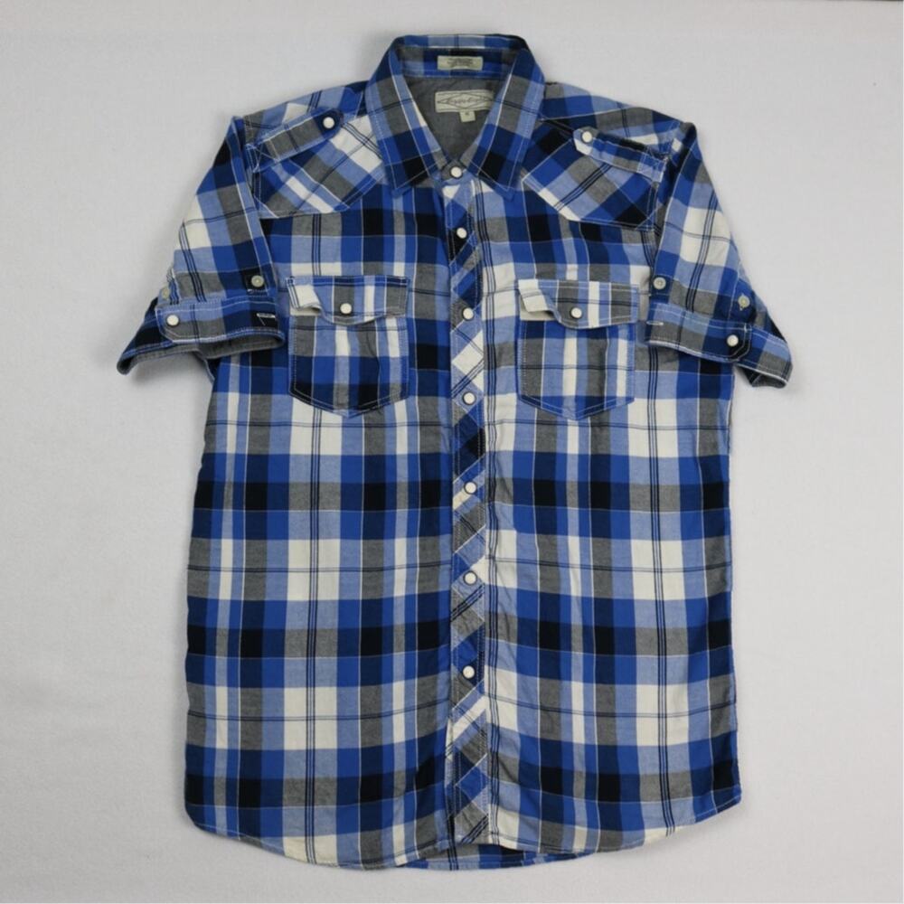 Eighty Eight Mens M Blue Plaid Short Sleeve Pearl Snap Button Shirt Western M